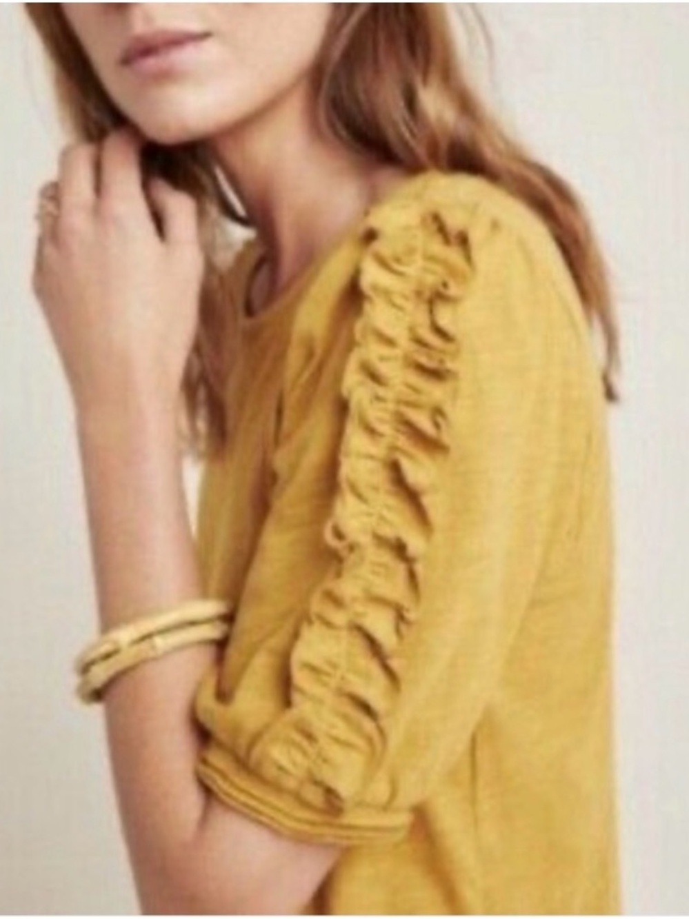 Maeve by Anthropologie Mustard Ruffle-Trim Short Sleeve Top NWT Size Large